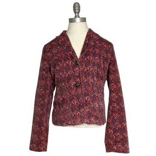 GAP Stretch Y2K Corduroy Burgundy Ditsy Floral Long Sleeve Cotton Blazer Size 6 - Picture 3 of 16