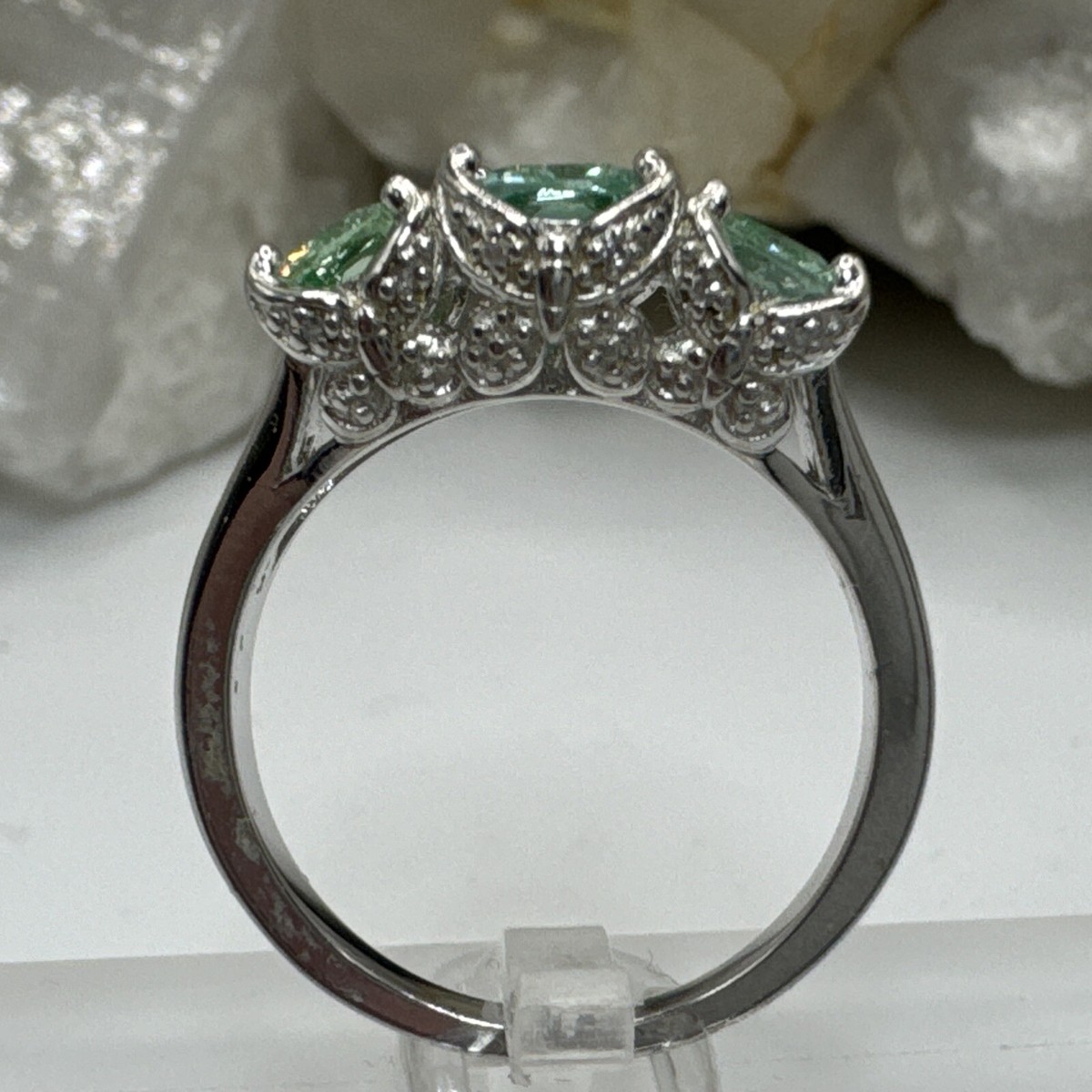 925 Sterling Silver Erinite 3 Stone Oval & Butterfly CZ Sz 7.75