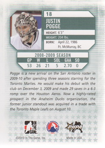 2009-10 ITG Between The Pipes Hockey #18 Justin Pogge - Picture 2 of 2