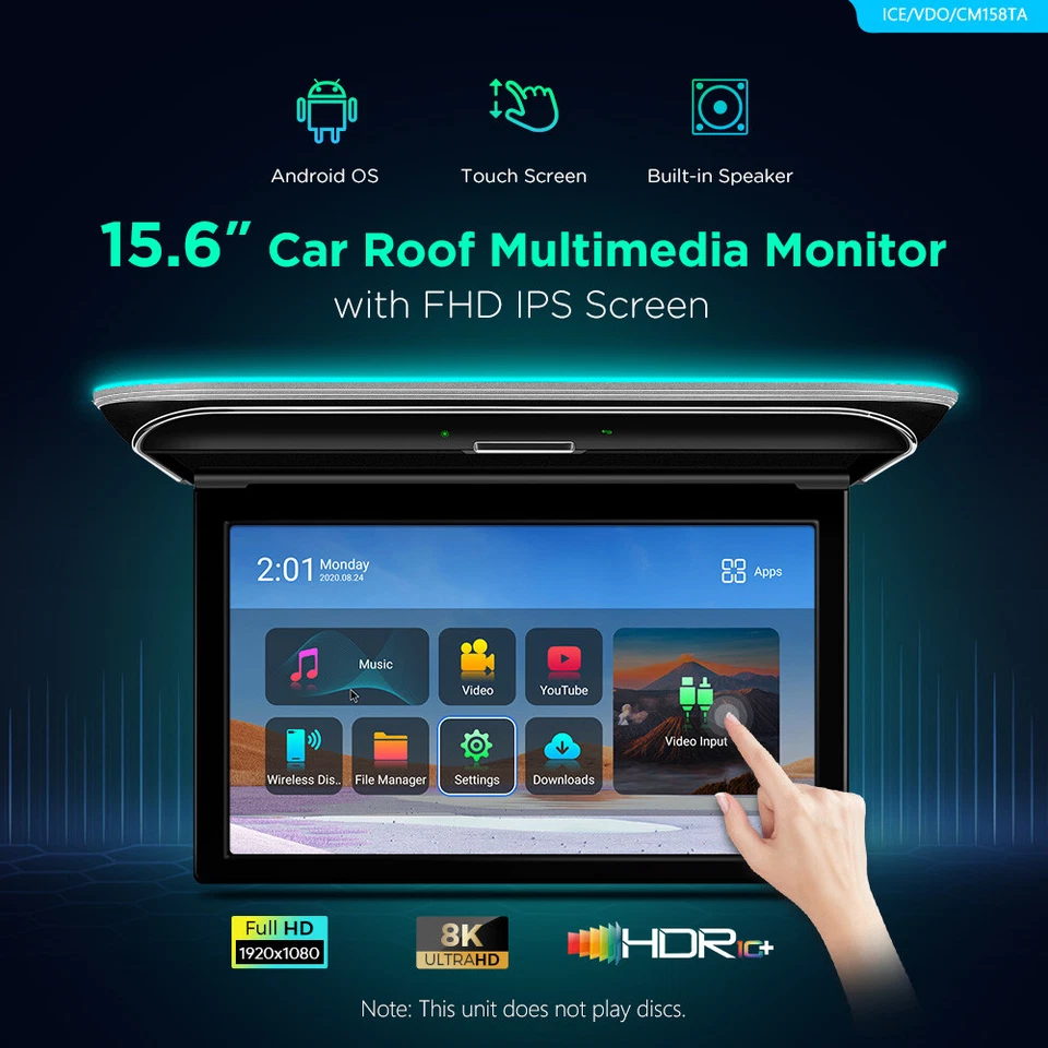 15.6" HD 8K IPS Touch Screen Car Roof Monitor Overhead HDMI USB Android FM Wi-Fi - Image 2 of 4