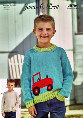 James C Brett JB794 Knitting Pattern Kids Tractor Sweaters It's