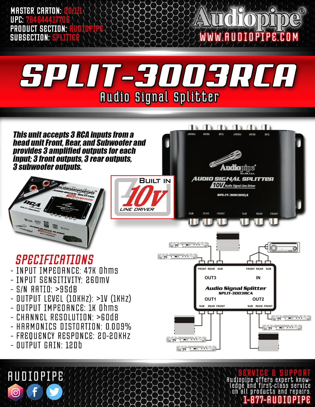 Audiopipe MultiAudio Signal Splitter Amp 3 RCA Outputs w/ 10 Volt