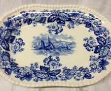 SPODE ENGLAND OLD SALEM BLUE 10 7/8" OVAL SERVING PLATTER SHIP SCENE FLOWERS
