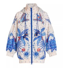 Nwt Farm Rio Jungle Chic Nylon Zip Jacket Hooded Blue White Floral Palm Trees Xs