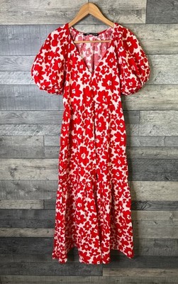 Zara Midikleid Gr. Small rot Blumen Popeline lang Blogger Favorit Baumwolle Sommer