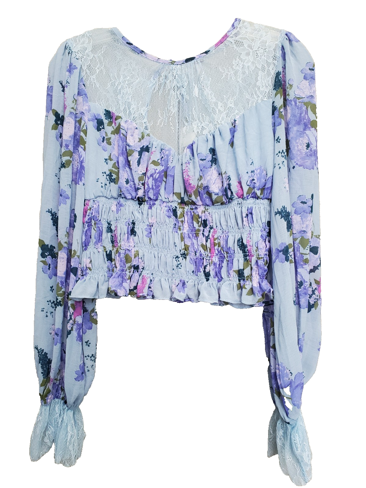 FREE PEOPLE DAPHNE Lace Smocked Cropped Long Sleeve Babydoll Top Blue Small NWT