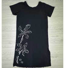 Cotton Women's T-Shirt Dress Graphic Floral Black L(?) Short Sleeve Side Slits