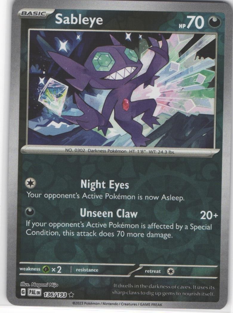 Sableye 136/193 Rare Paldea Evolved Pokemon Reverse Holo Near Mint