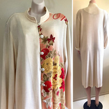 Long Line Kimono Floral Duster XL 1X Plus Textured Rayon LS Red Yellow Cream VTG