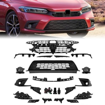 17PCS Grille Kit Front Bumper Bracket Fog Light For 2022-2024 Honda Civic Sedan