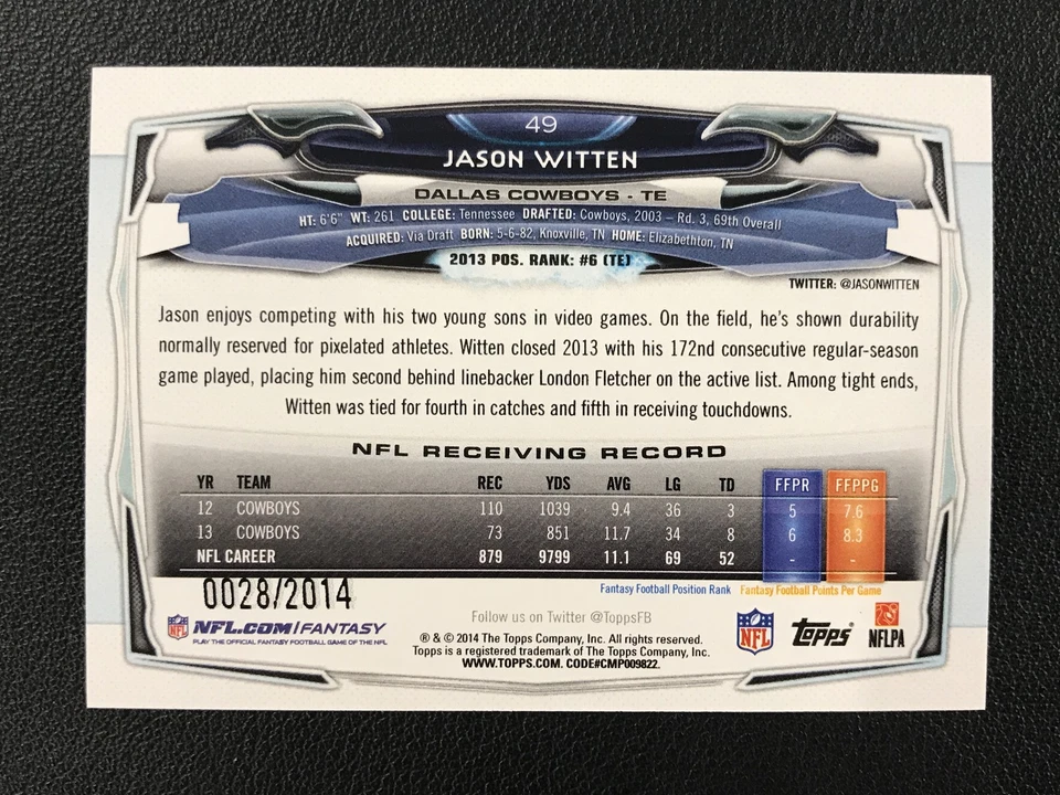 2014 Topps #49 Jason Witten Gold /2014 Dallas Cowboys - Image 2 of 2