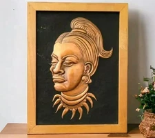 Tribal Style Women Art Portrait  Wood Frame  Original vtg Art Hammered Copper