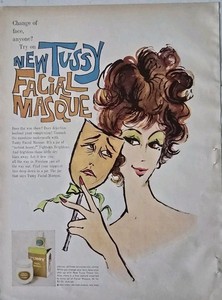1961 Tussy Facial Masque Redhead Face Mask Vintage cosmetic art Ad 