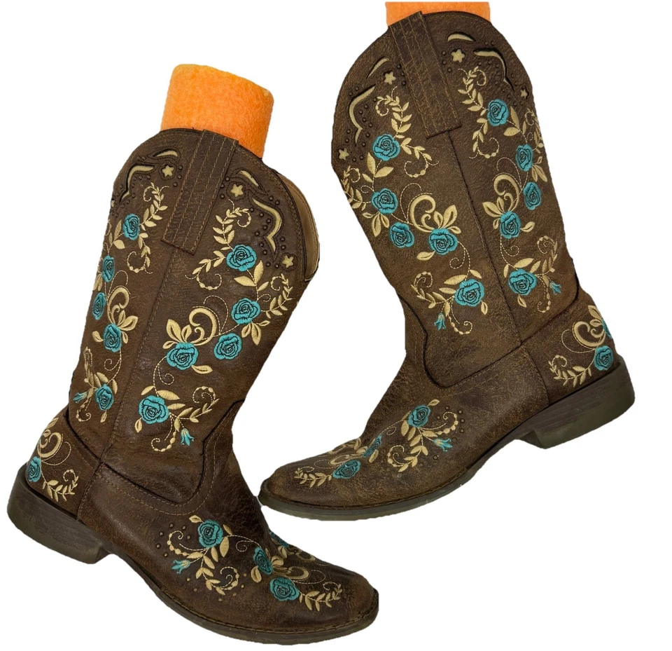 Botas vaqueras vaqueras Ropers de cuero curvado turquesa floral bordadas talla 9 Foto 3 de 4