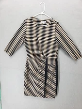 Shelby & Palmer Dress Womens 16 Black Beige Stripe Ruched Knee Length 3/4 Sleeve