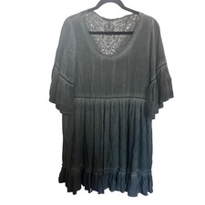 Easel Charcoal Grey Mineral Wash Lace Back Babydoll Dress Boho Bell Sleeve M