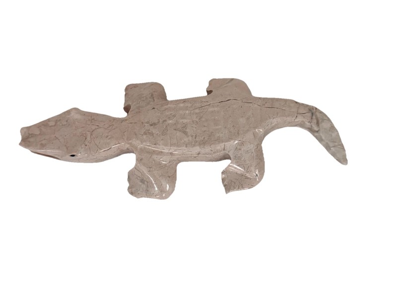 8” Vintage Carved Pink Onyx Stone Crocodile/Alligator/Lizard Statue Figure