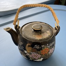 Japanese Teapot Black And Gold With Partridge And Rattan Handle