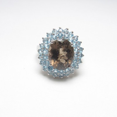 14K Weißgold 3,50 Kt Natürlicher Oval Karamell Rauchquarz und Topas Halo Ring