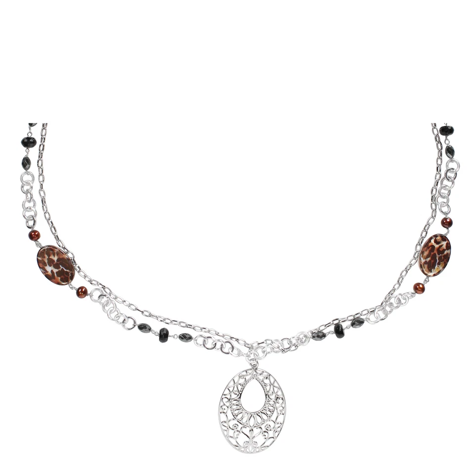 Amour Oval Leopard Bead, Brown FW Pearl, Oval Hematite & Onyx Bead Link Necklace