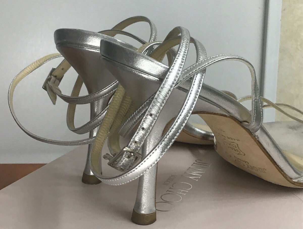 Jimmy Choo Silver Metallic Leather Juliet Wrap Ankle Strap Jimmy Choo Silver Metallic Leather Juliet Wrap Ankle Strap