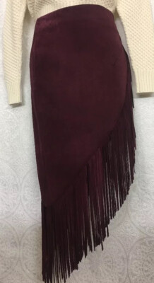 Intermix Maroon Suede Skirt Fringe Assemetrical Long Fringe Size