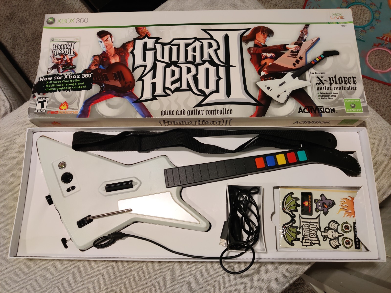 Guitar Hero Xplorer Guitar Xbox 360 Red Octane White Wired Model 95055