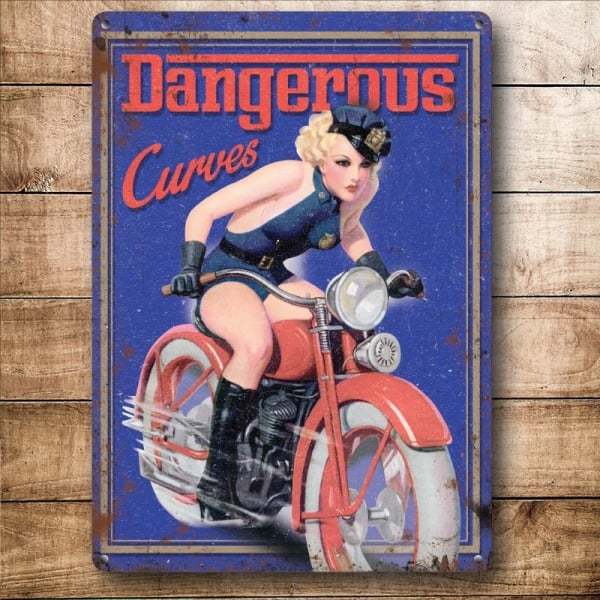 Original Metal Sign Co Wall Sign Dangerous Curves Classic Pin Up 8"" x 6""