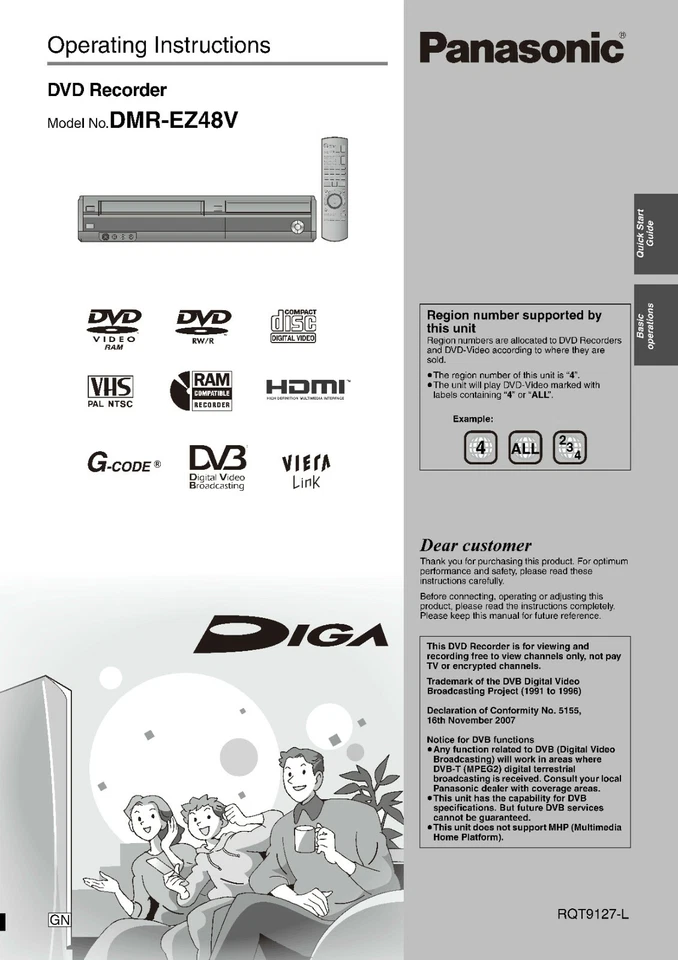 Operating Instruction Owner's Manual For Panasonic DMR-EZ48V DVD PLAYER RECORDER - Image 1 of 1
