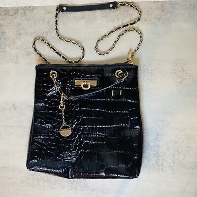 DKNY Black Croco Handbag Crossbody Chain Handle Zip inside Pocket DKNY Logo Top