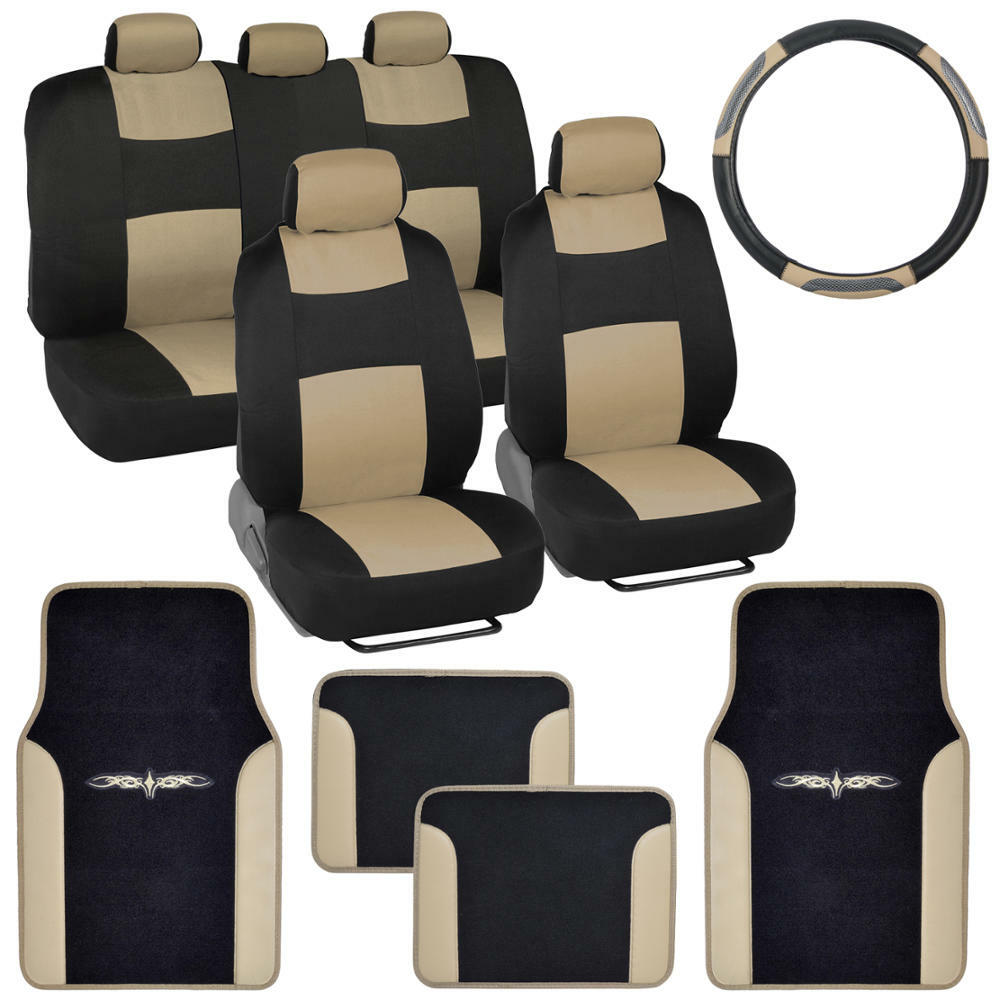 2-Tone Beige Black Car Interior Split Bench Seat Covers Floor Mats,14 Piece Set