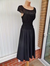 ELIZA J SHEER BLACK BEAD CHIFFON TAFFETA 50'S VTG FLARE MIDI DRESS 12 £150 TWICE