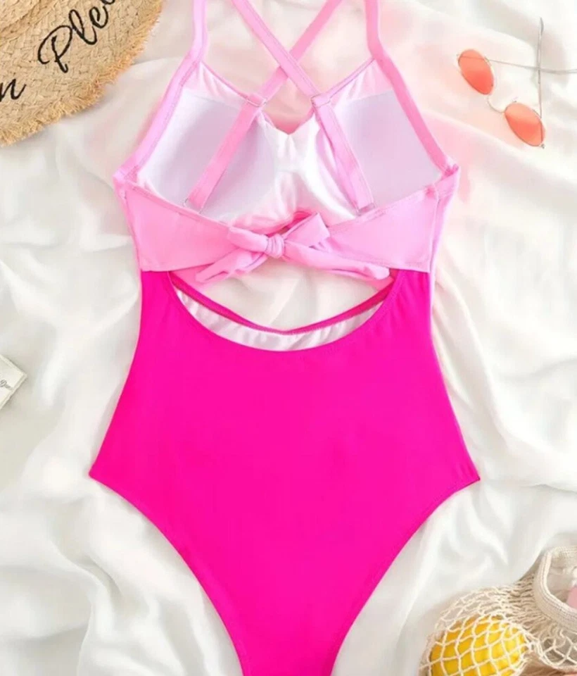 Traje de baño de una pieza elástico recortado en bloques de colores para mujer lazo cruzado Foto 4 de 4