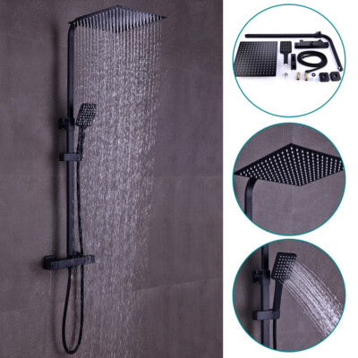 Schwarz Duschset Thermostat Duschamatur Regendusche Duschkop mit Handbrause 30cm