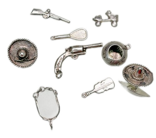 Vintage Charms Set Sombrero Gun Violin Tennis Racket Skates for Crafts Jewelry