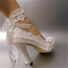 su,cheny 3" 4  heel white ivory satin lace ribbon round toe Wedding Bridal shoes