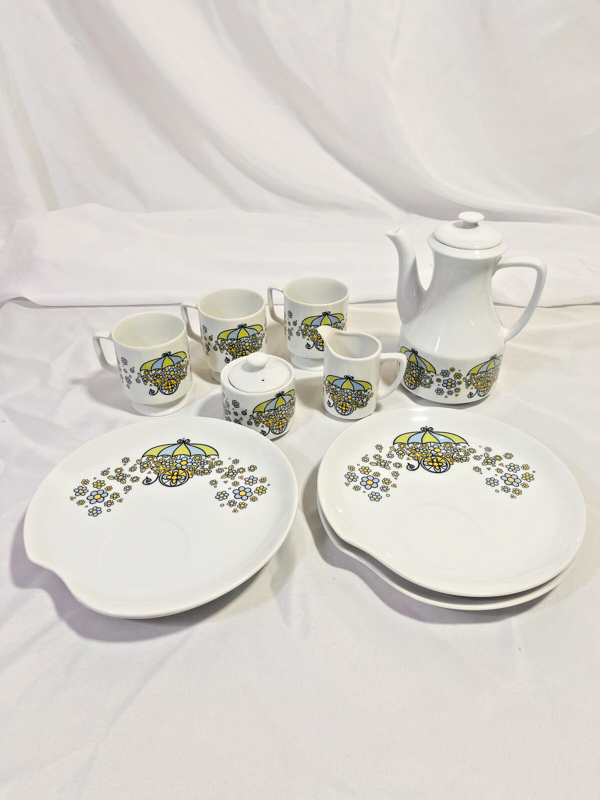 Rare Vintage Floral (Blue, Green and Yellow) Cart Tea Set Made in Japan MCM