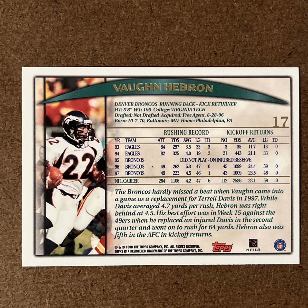 1998 TOPPS VAUGHN HEBRON DENVER BRONCOS #17 NFL | eBay