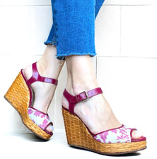 DOLCE & GABBANA Pink & Beige Canvas, Patent Leather & Wicker Wedge Sandals, 38