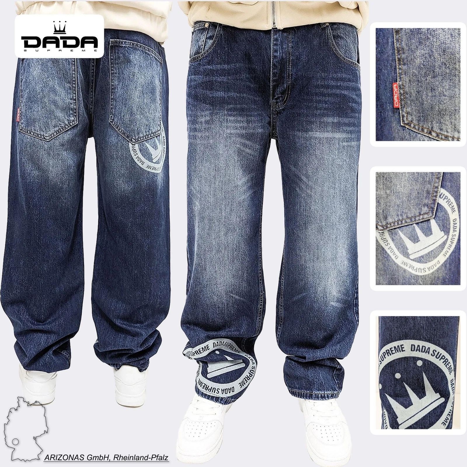 DADA SUPREME Uomo Baggy Jeans Loose Fit con Coin Crown Print