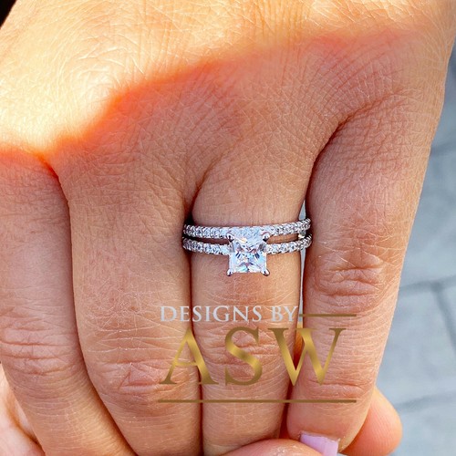 14K SOLID WHITE GOLD PRINCESS SIMULATED DIAMOND ENGAGEMENT RING AND BAND 2.00CT - Picture 7 of 10