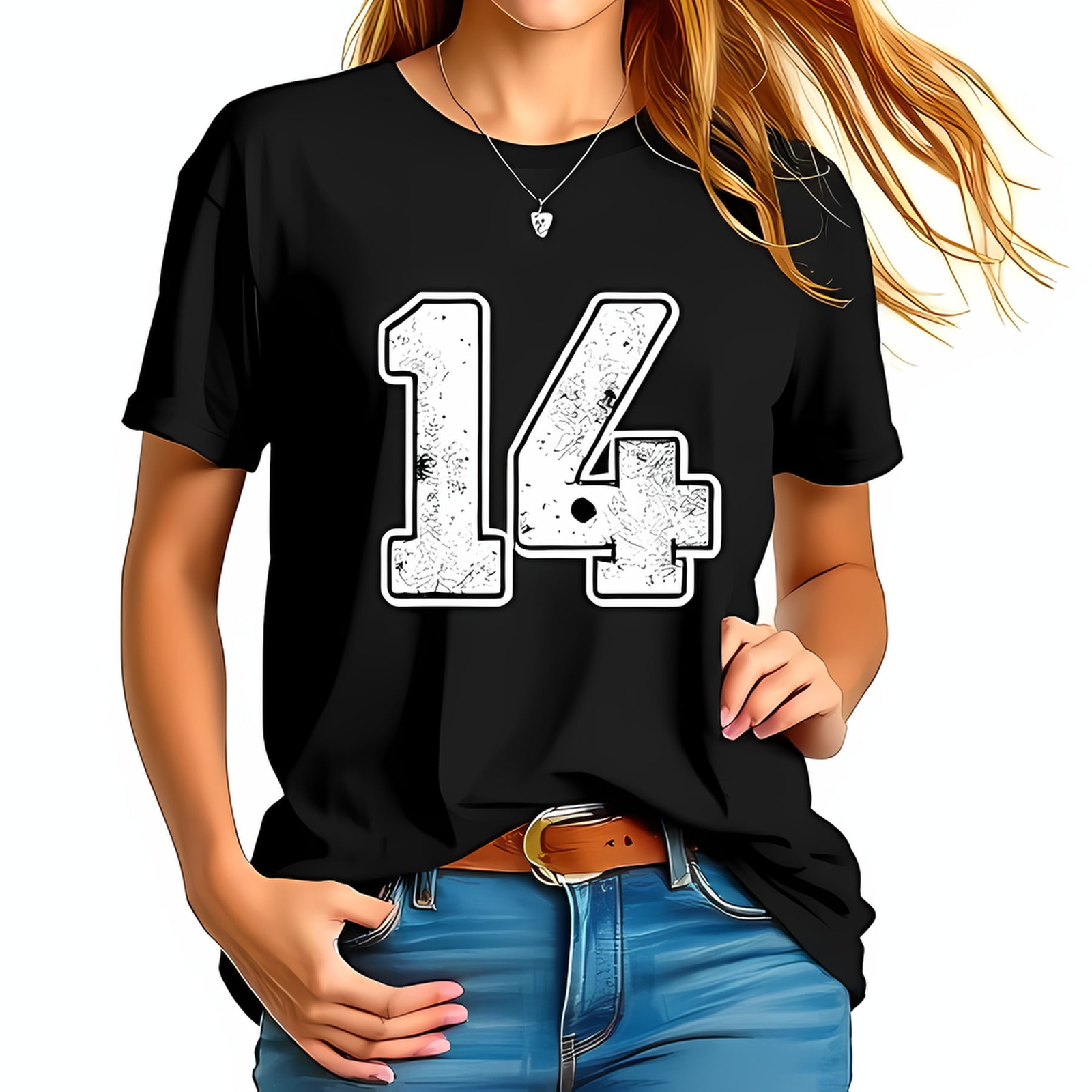 Vintage Number 14 Oversized Black T-Shirt for Women - Casual Athletic-All cotton