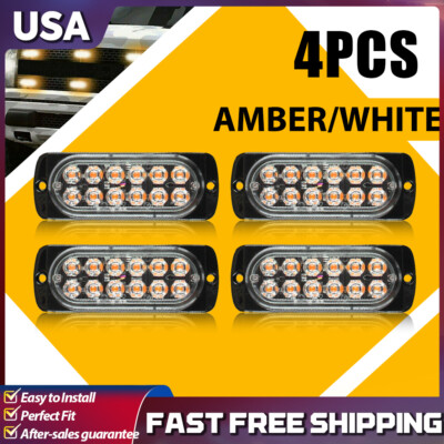 Amber/White 4X 12LED Side Marker Flash Emergency Light Strobe Bar Kit Tow Truck