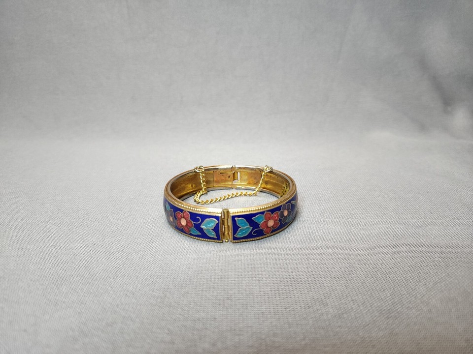 Bangle Bracelet Hinged Cuff Unicorns Flowers Cloisonne Enamel Goldtone