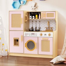 Wooden Kids Kitchen Playset Pretend Play Kitchen w/ Real Sounds Lights Pink