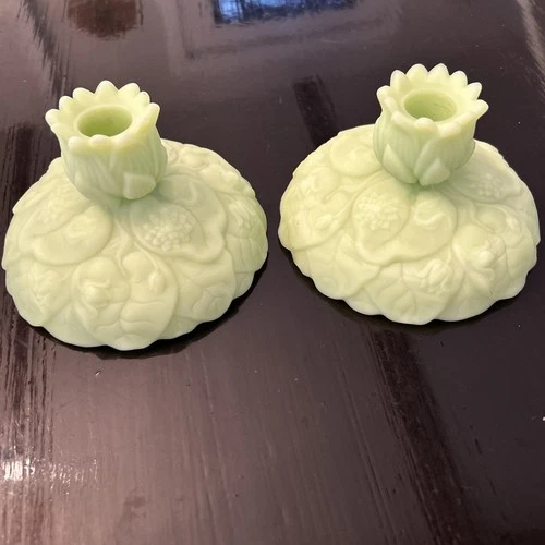 Vintage Fenton Green Custard  Satin Candle Holders Lilly Lotus Flowers Set