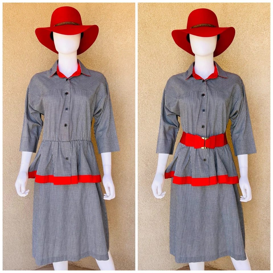 Vestido eléctrico vintage años 80 Gingham Peplum - M Foto 2 de 4