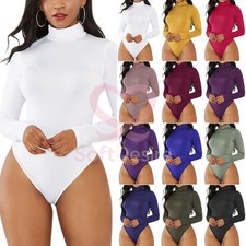 Women Solid Long Sleeve Bodysuit Bodycon Stretch Leotard Top Jumpsuit Romper US