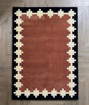 Geometric Rust Wool Rug | Southwestern Boho Hand-Tufted Carpet, Black Border