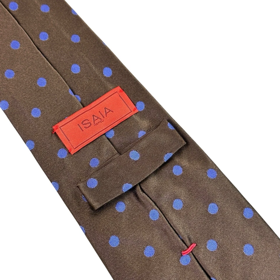 "Corbata Isaia Napoli marrón azul a lunares - 7 pliegues de seda Italia 61"" x 3,25""" Foto 2 de 4